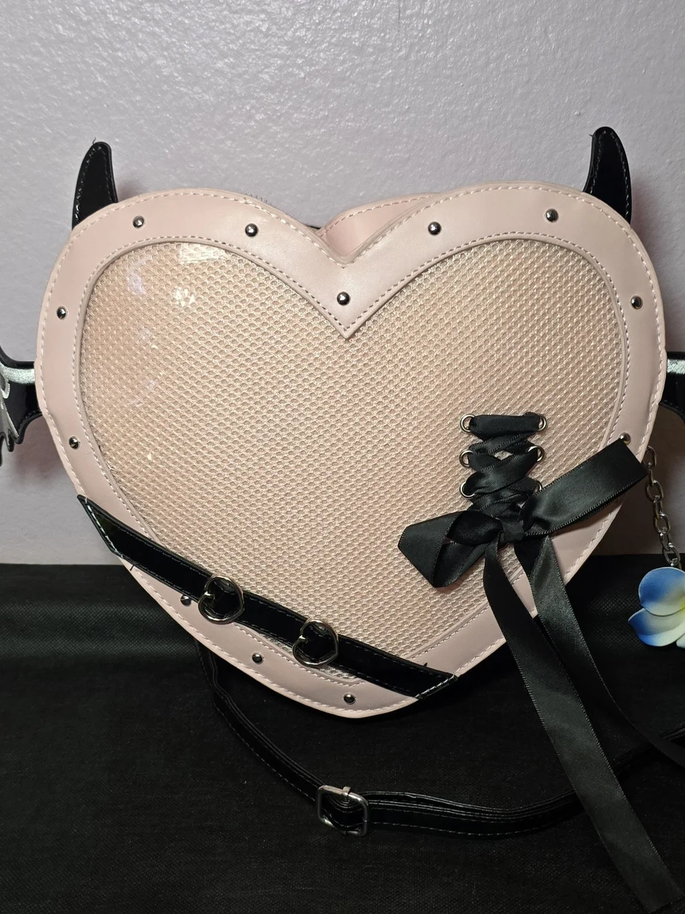 Heart-Shaped Pink Crossbody Bag with Gothic Ribbon Detail